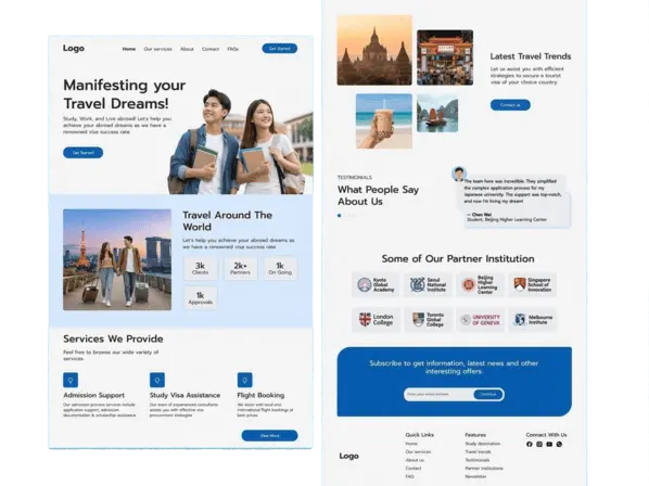 Modern business website design layout showcasing services and testimonials