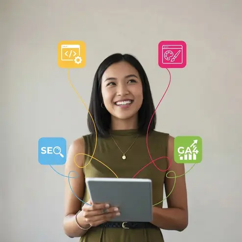 Digital marketing and website growth concept with SEO analytics and development icons